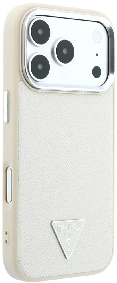 Dėklas Guess Grained Triangle Logo MagSafe, skirtas iPhone 18 Pro / 17 Pro, smėlio spalvos