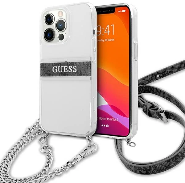 Dėklas Guess GUHCP13LKC4GBSI iPhone 13 Pro / 13 6.1" Transparent hardcase 4G Gray Strap Sidabrinis Chain