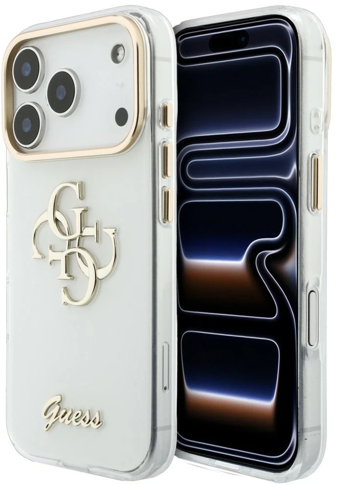 Dėklas Guess IML 4G Metalinis dangtelis su skriptu, skirtas iPhone 17 Pro Max / 18 Pro Max - Baltas