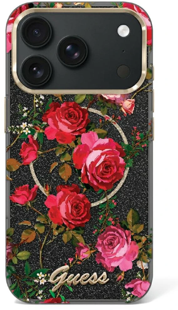 Guess IML Glitter Blossom Roses dėklas, skirtas iPhone 17 Pro / 18 Pro – Juodas