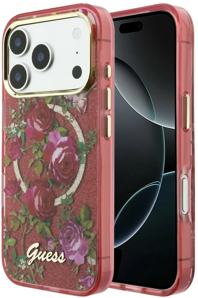 Guess IML Glitter Blossom Roses dėklas, skirtas iPhone 17 Pro Max / 18 Pro Max – bordo spalvos