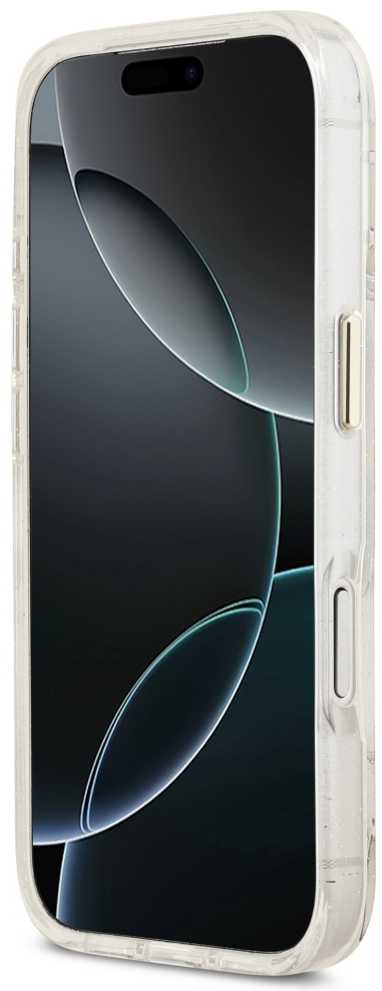Guess IML Glitter Flowers Triangle MagSafe dėklas skirtas Apple iPhone 17 Pro baltos spalvos