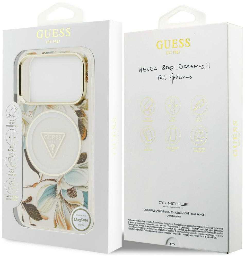 Guess IML Glitter Flowers Triangle MagSafe dėklas skirtas Apple iPhone 17 Pro baltos spalvos