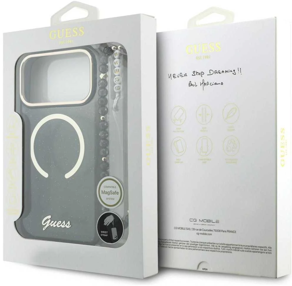 Guess IML Glitter Script Strap MagSafe dėklas skirtas iPhone 17 Pro Max Juodas