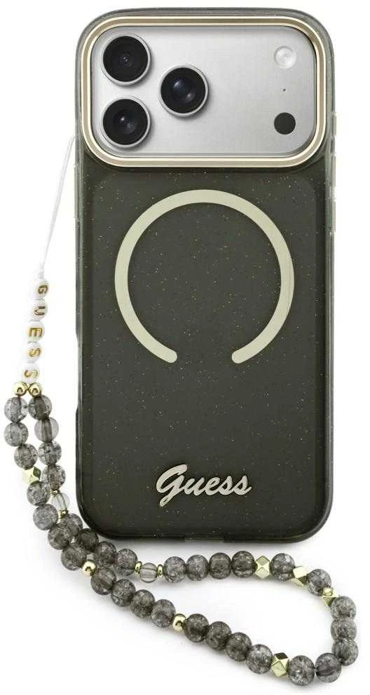 Guess IML Glitter Script Strap MagSafe dėklas skirtas iPhone 17 Pro Max Juodas