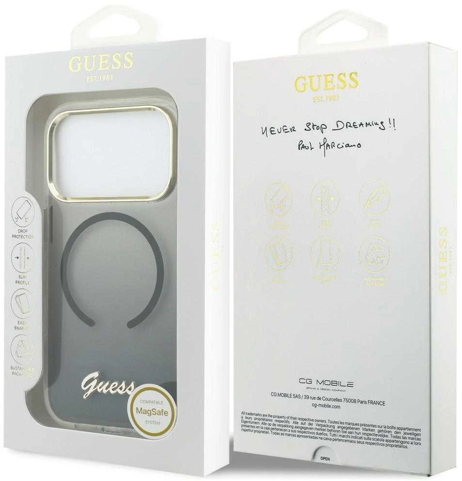 GUESS dėklas, skirtas IPHONE 17 Pro, suderinamas su MagSafe GUHMP17L5HTGMCSK (IML Gradient Script Metal) juodas