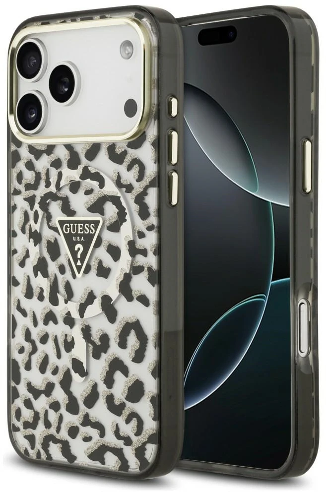 Dėklas Guess IML Leopard Glitter Triangle Logo MagSafe Case for iPhone 17 Pro Max / 18 Pro Max - Juoda