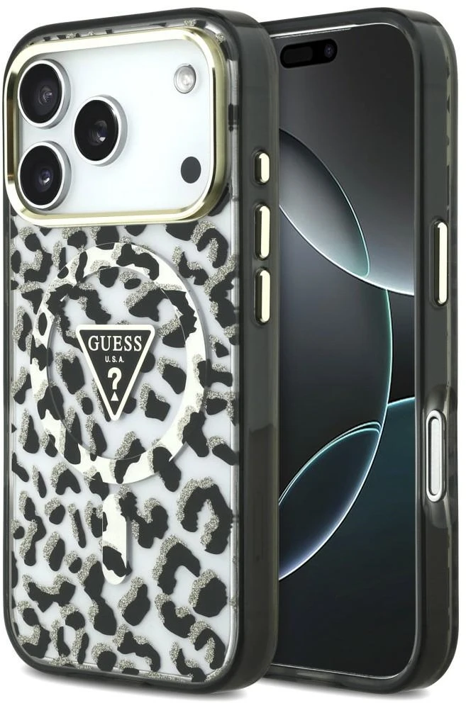 Dėklas Guess IML Leopard Glitter Triangle Logo MagSafe Case, skirta iPhone 17 Pro / 18 Pro – juoda