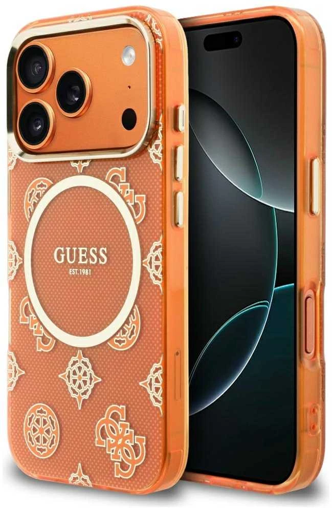 „Guess IML Peony Dot MagSafe“ dėklas, skirtas iPhone 17 Pro – oranžinis