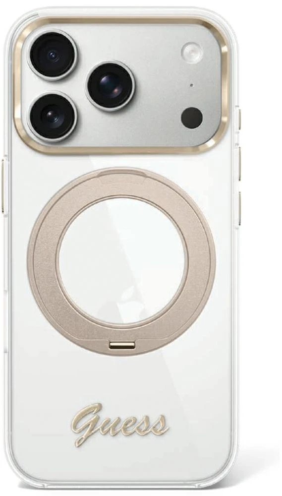 Guess IML Ring Stand 360 Script Metal Logo MagSafe dėklas, skirtas iPhone 17 Pro / 18 Pro - Skaidrus