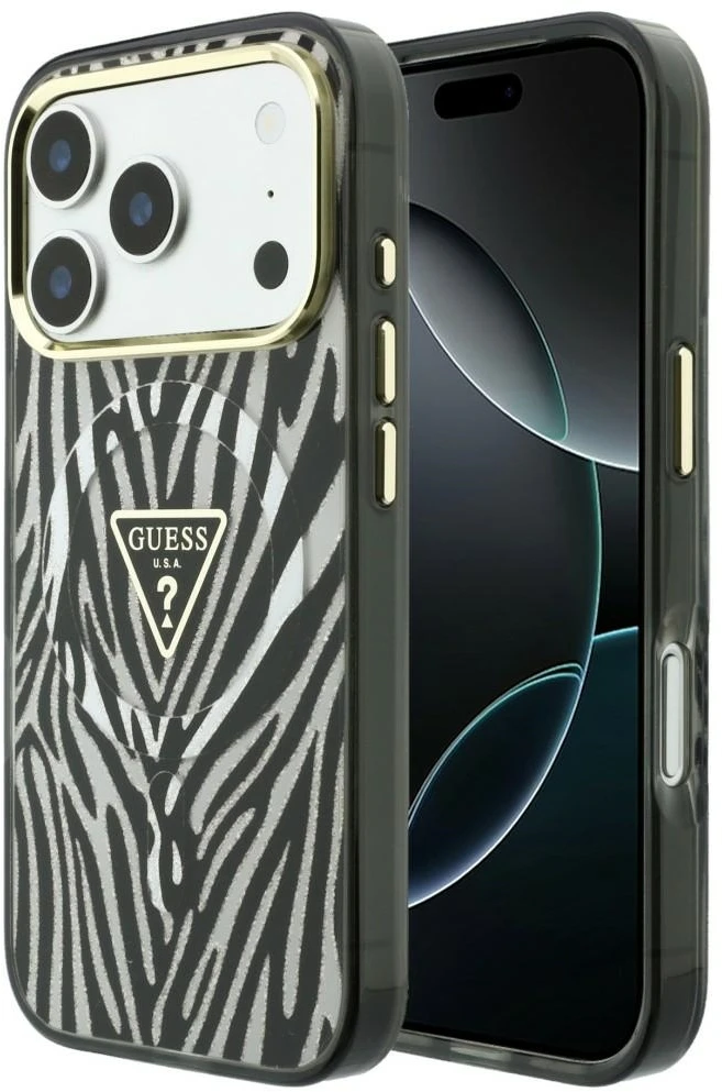 Guess IML Zebra Glitter Triangle Logo dėklas, skirtas „MagSafe“ iPhone 18 Pro / 17 Pro – sidabrinis