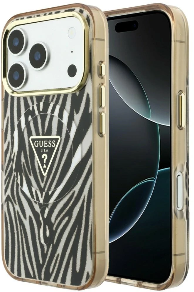 Guess IML Zebra Glitter Triangle Logo MagSafe dėklas, skirtas iPhone 17 Pro Max / 18 Pro Max - Auksinė