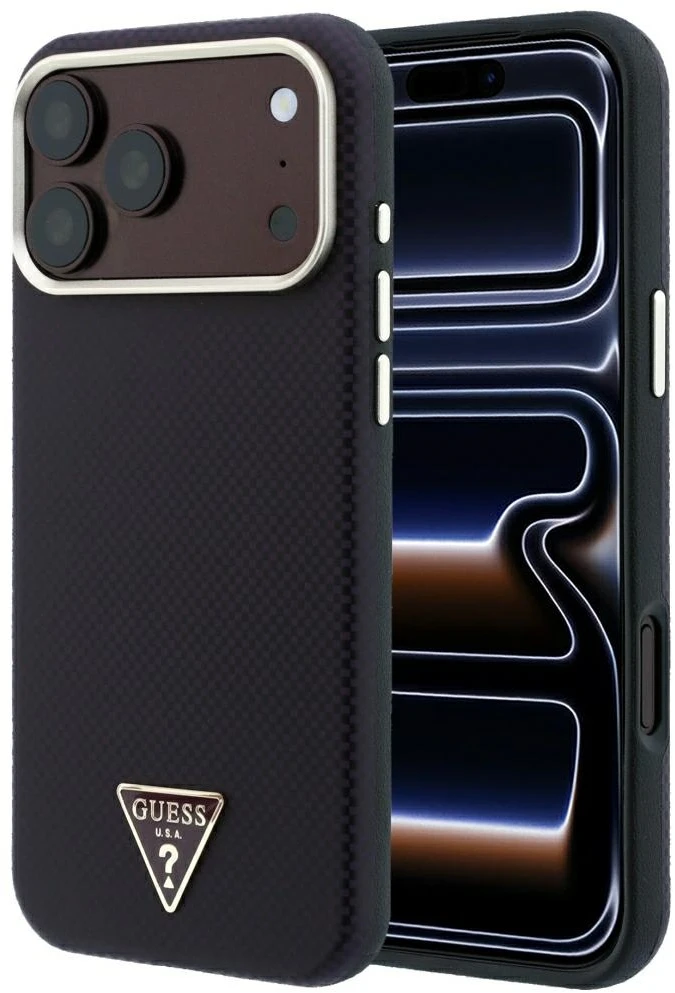 Guess Kevlar Triangle Logo MagSafe dėklas, skirtas iPhone 17 Pro / 18 Pro – Burgundy