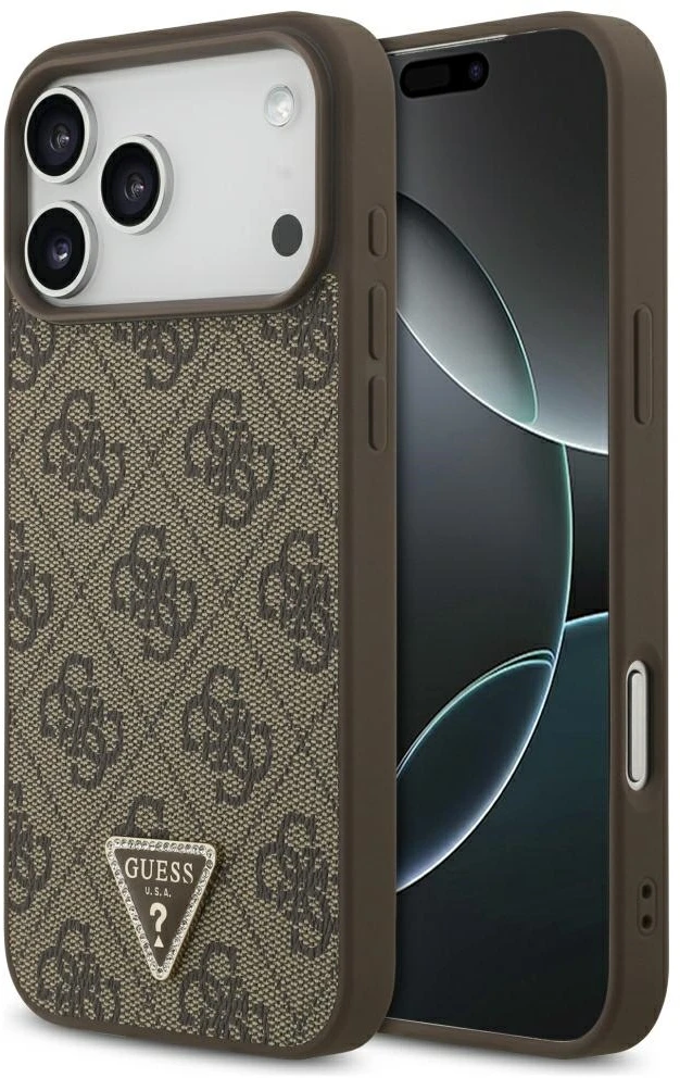 Guess Leather 4G Triangle Strass MagSafe dėklas, skirtas iPhone 17 Pro Max / 18 Pro Max – Ruda