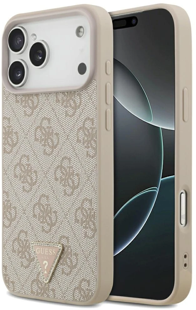 Guess Leather 4G Triangle Strass MagSafe dėklas, skirtas iPhone 17 Pro Max / 18 Pro Max - Rožinė