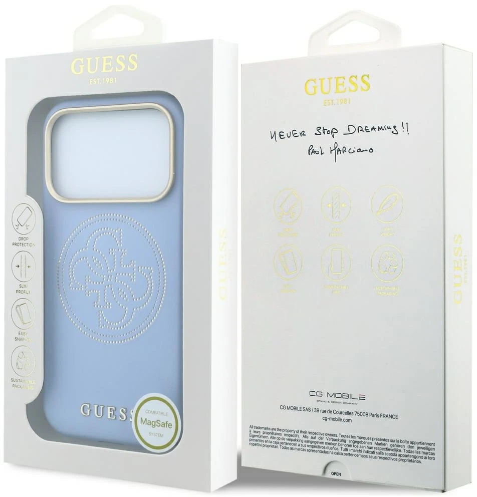 Dėklas Guess Perforated 4G Gold Logo Magsafe Case for iPhone 18 Pro / 17 Pro - Light Mėlyna