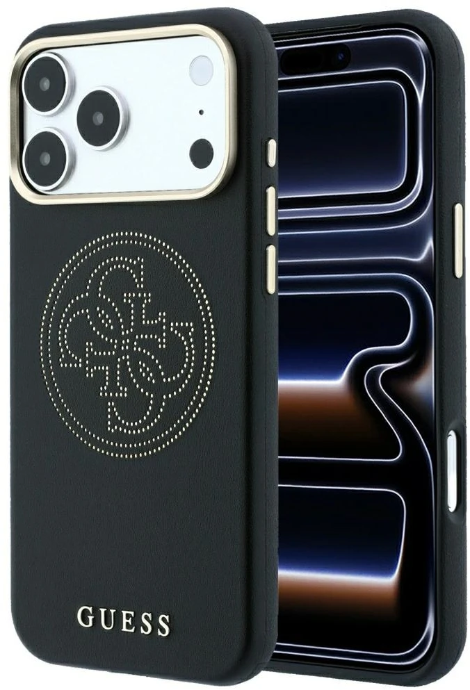 Dėklas Guess Perforated 4G Gold Logo Magsafe Case, skirtas iPhone 17 Pro / 18 Pro – juodos spalvos