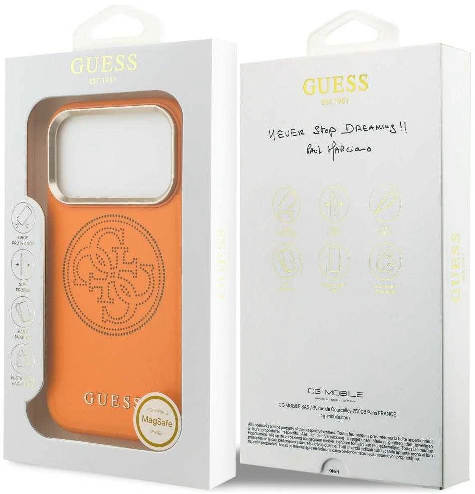 Guess PU Perforated 4G Logo MagSafe dėklas skirtas Apple iPhone 17 Pro oranžinės spalvos