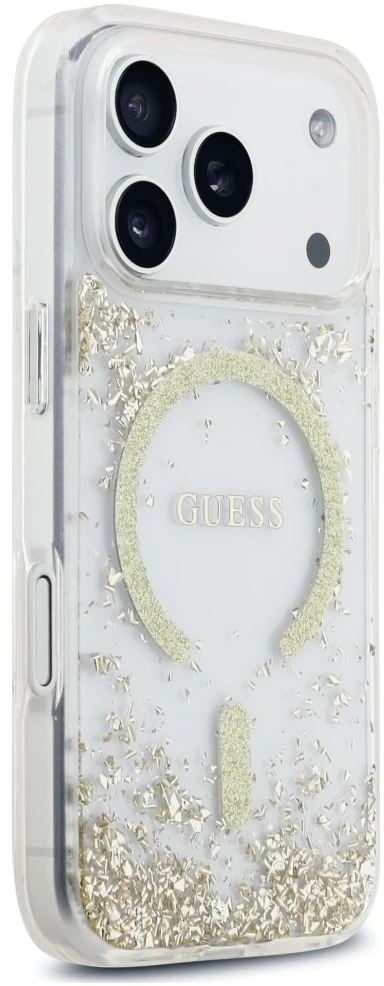 Dėklas Guess Resin Bottom Glitter MagSafe Case, skirta iPhone 18 Pro / 17 Pro - auksinė
