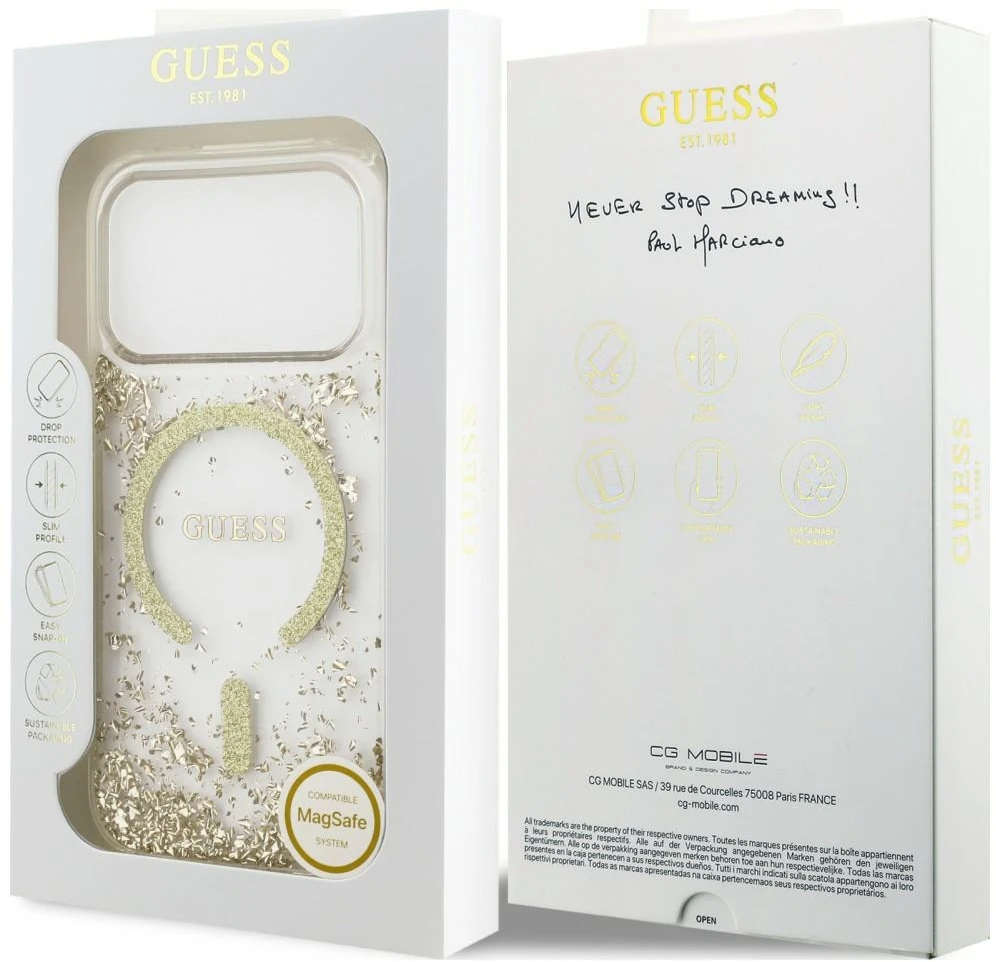 Dėklas Guess Resin Bottom Glitter MagSafe Case, skirta iPhone 18 Pro / 17 Pro - auksinė