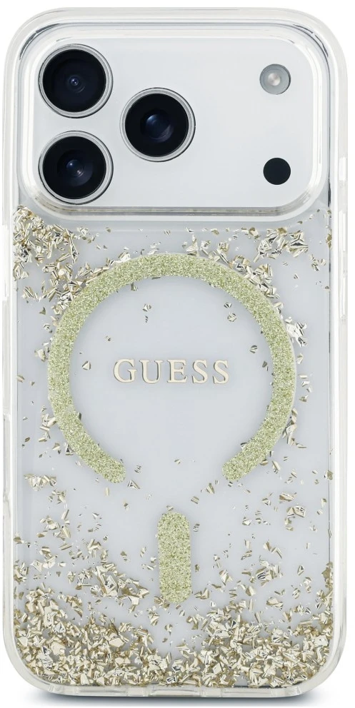 Dėklas Guess Resin Bottom Glitter MagSafe Case, skirta iPhone 18 Pro / 17 Pro - auksinė