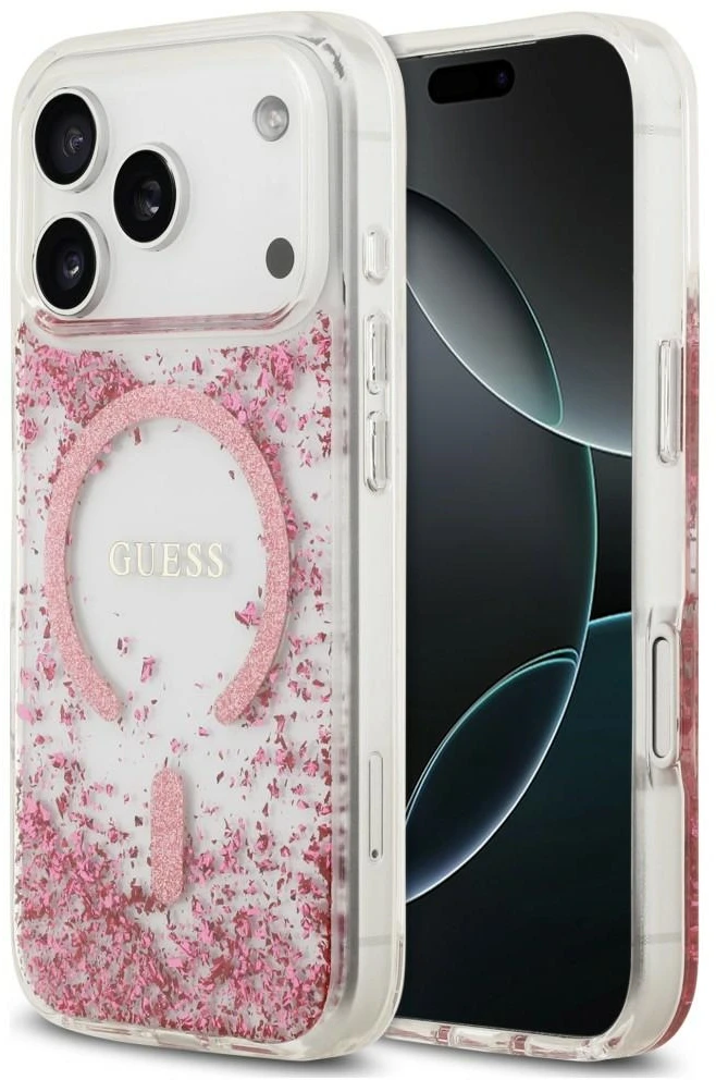 Guess Resin Bottom Glitter MagSafe dėklas, skirtas iPhone 18 Pro Max / 17 Pro Max - Rožinė