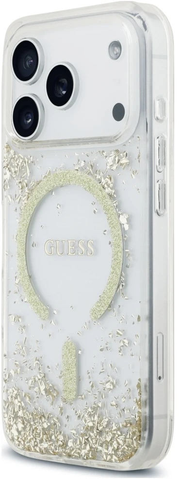 Dėklas Guess Resin Bottom Glitter MagSafe Case, skirta iPhone 18 Pro / 17 Pro - auksinė