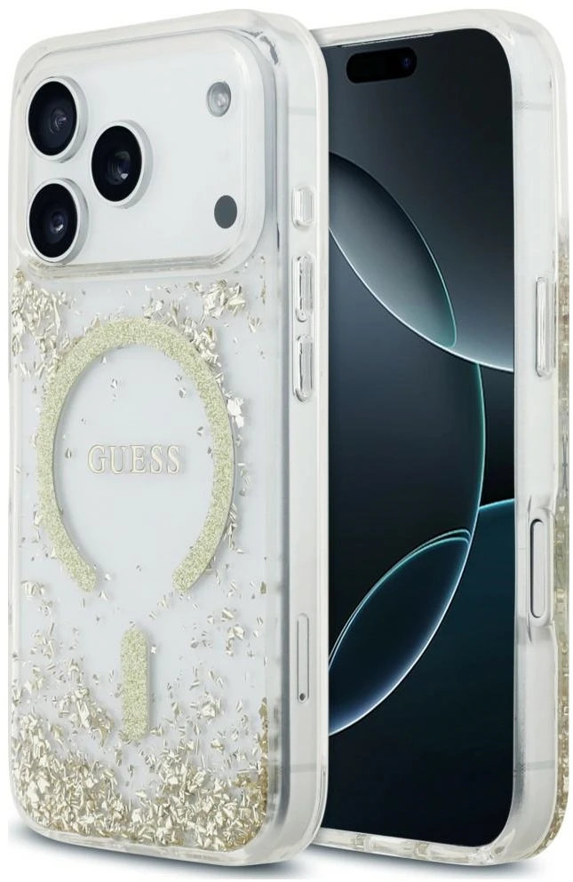 Dėklas Guess Resin Bottom Glitter MagSafe Case, skirta iPhone 18 Pro / 17 Pro - auksinė