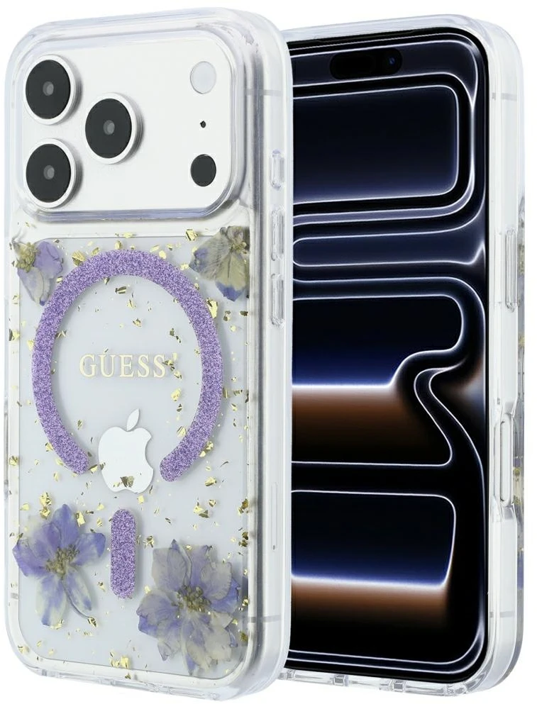 Dėklas Guess Resin Flowers Glitter MagSafe Case for iPhone 18 Pro / 17 Pro - Violetinė
