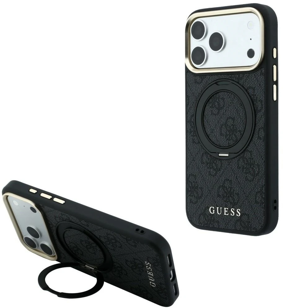 Dėklas Guess Ring Stand 360 4G Classic Logo MagSafe Case for iPhone 17 Pro / 18 Pro - Juoda