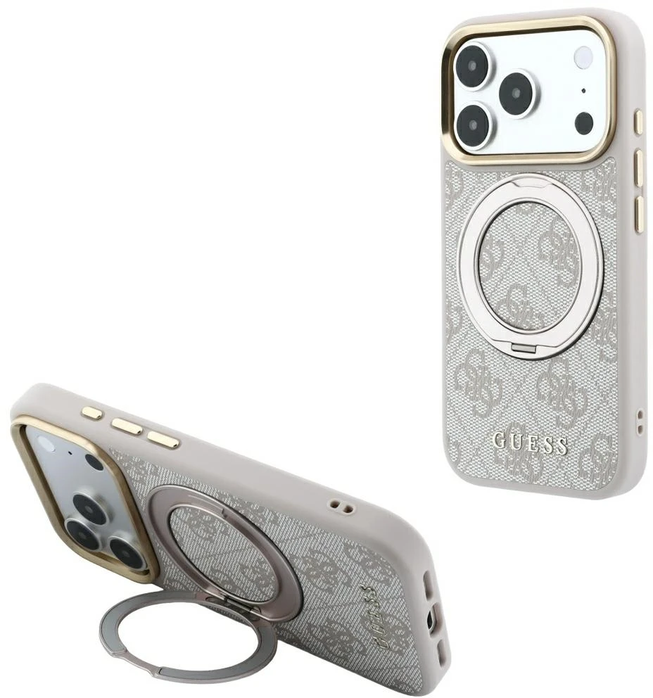Dėklas Guess Ring Stand 360 4G Classic Logo MagSafe Case, skirtas iPhone 17 Pro Max / 18 Pro Max - Rožinė