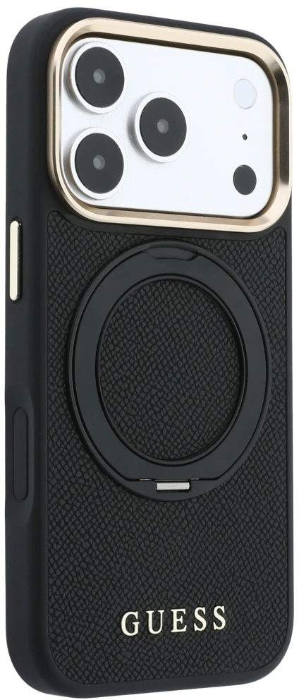 Guess žiedinis stovas 360 grūdintas Classic Logo MagSafe dėklas iPhone 18 Pro Max / 17 Pro Max - Juodas