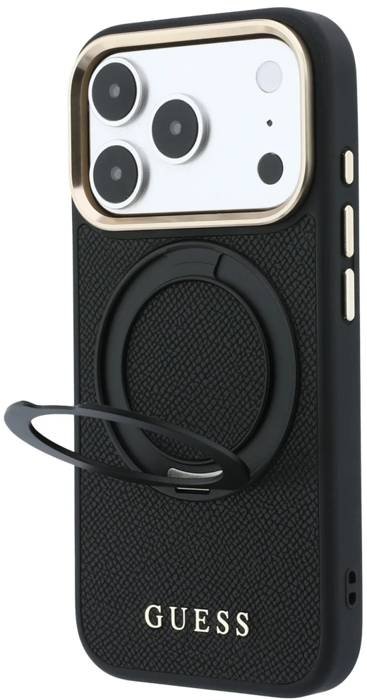 Guess žiedinis stovas 360 grūdintas Classic Logo MagSafe dėklas iPhone 18 Pro Max / 17 Pro Max - Juodas