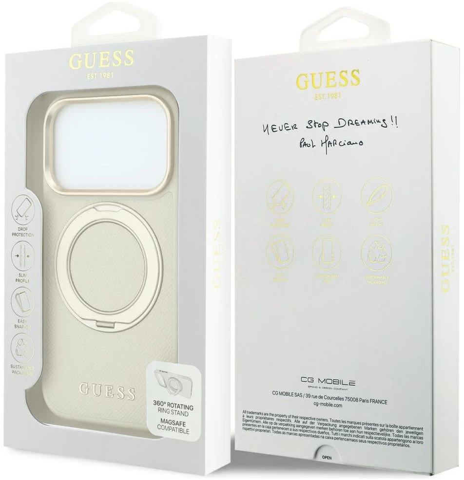 Dėklas Guess Ring Stand 360 Grained Classic Logo MagSafe Case for iPhone 18 Pro / 17 Pro - rusvai gelsvas