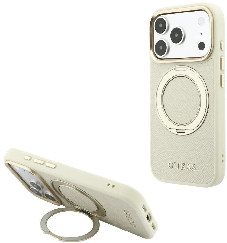 Dėklas Guess Ring Stand 360 Grained Classic Logo MagSafe Case for iPhone 18 Pro / 17 Pro - rusvai gelsvas