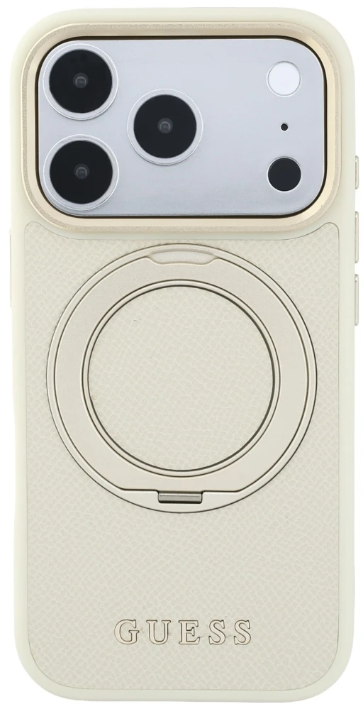 Dėklas Guess Ring Stand 360 Grained Classic Logo MagSafe Case for iPhone 18 Pro / 17 Pro - rusvai gelsvas