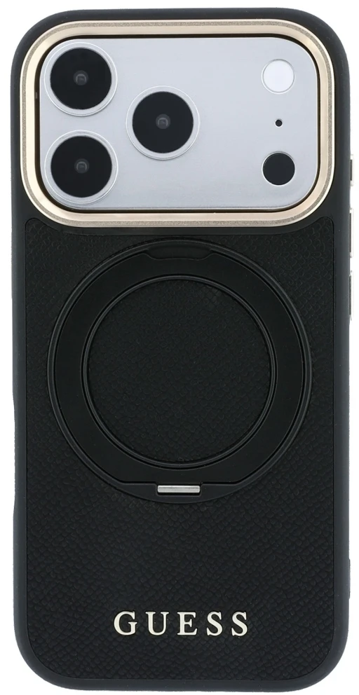 Guess žiedinis stovas 360 grūdintas Classic Logo MagSafe dėklas iPhone 18 Pro Max / 17 Pro Max - Juodas
