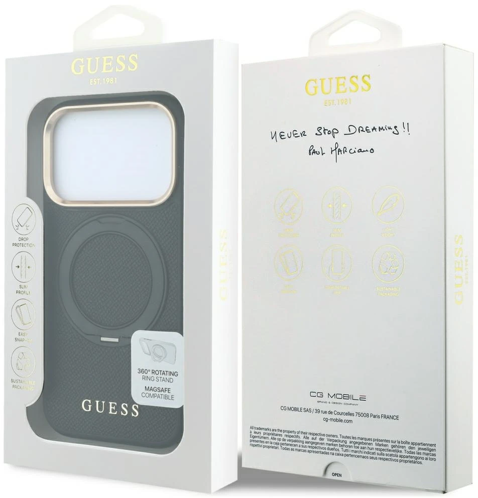 Guess žiedinis stovas 360 grūdintas Classic Logo MagSafe dėklas iPhone 18 Pro Max / 17 Pro Max - Juodas