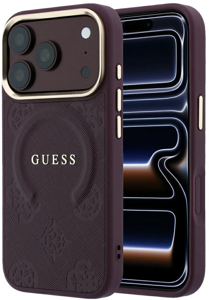 Guess Saffiano Peony & Ring apsauginis dėklas su MagSafe, skirtas iPhone 17 Pro Max / 18 Pro Max – bordo spalvos