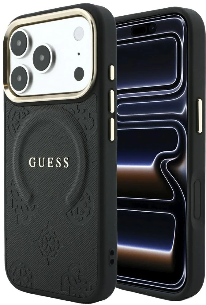 Guess Saffiano Peony & Ring MagSafe dėklas, skirtas iPhone 17 Pro Max / 18 Pro Max – Juodas