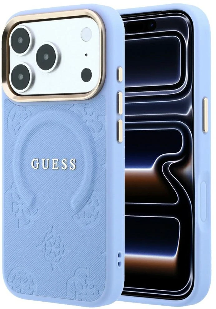 Dėklas Guess Saffiano Peony & Ring MagSafe case for iPhone 17 Pro / 18 Pro - šviesiai mėlyna