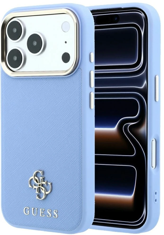 Guess Saffiano Small 4G & Classic Logo MagSafe dėklas iPhone 18 Pro / 17 Pro - Šviesiai mėlyna