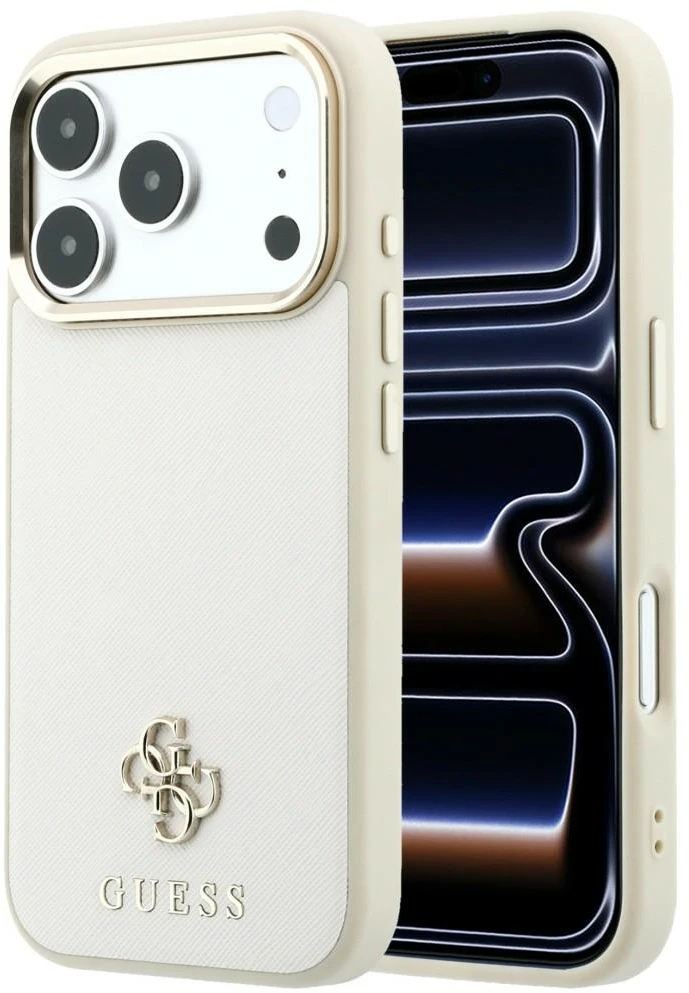 Guess Saffiano Small 4G & Classic Logo MagSafe dėklas, skirtas iPhone 17 Pro Max / 18 Pro Max - smėlio spalvos