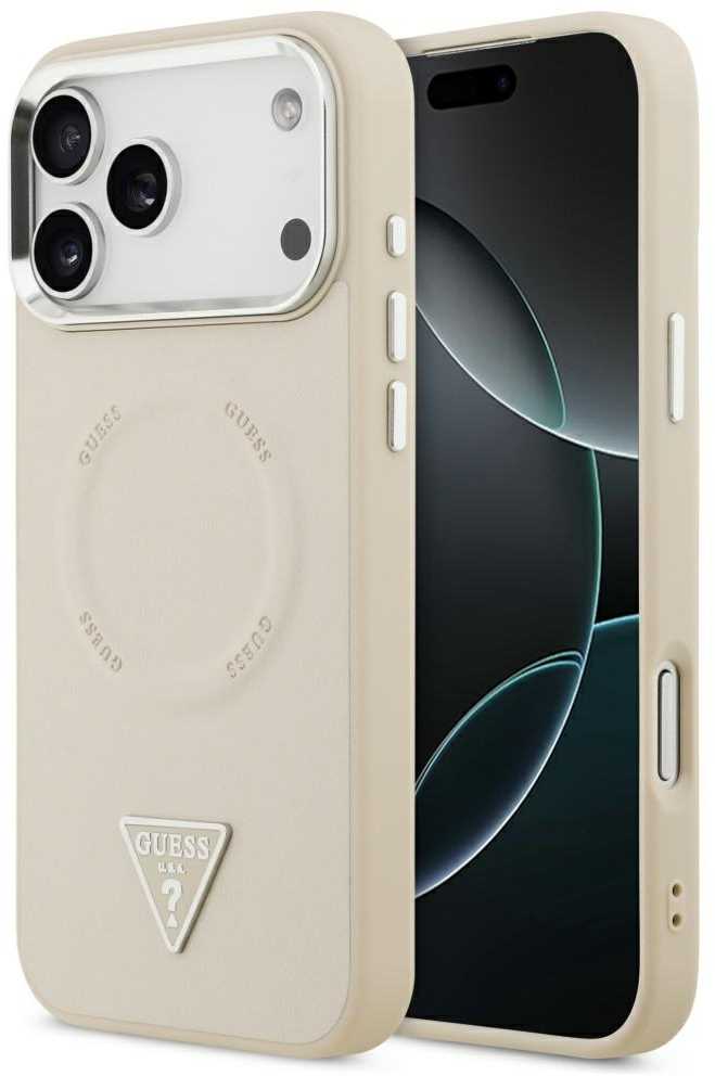 Guess Triangle Logo MagSafe dėklas skirtas Apple iPhone 17 Pro Max rusvai gelsvas