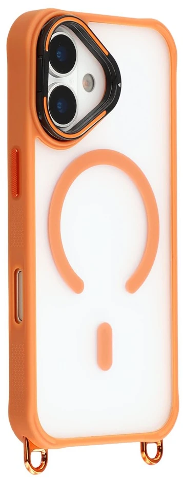 „Hurtel“ „iPhone 17“ dėklas su reguliuojamu dirželiu per petį ir „MagSafe“ suderinamu kameros rėmeliu kaip stovas – oranžinis