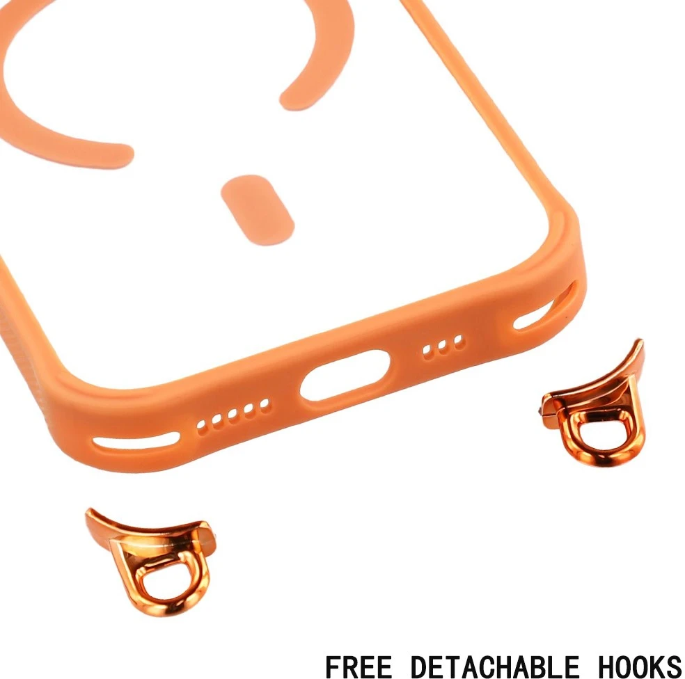 „Hurtel“ „iPhone 17“ dėklas su reguliuojamu dirželiu per petį ir „MagSafe“ suderinamu kameros rėmeliu kaip stovas – oranžinis