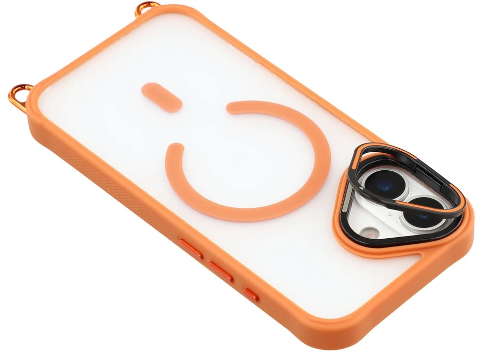 „Hurtel“ „iPhone 17“ dėklas su reguliuojamu dirželiu per petį ir „MagSafe“ suderinamu kameros rėmeliu kaip stovas – oranžinis