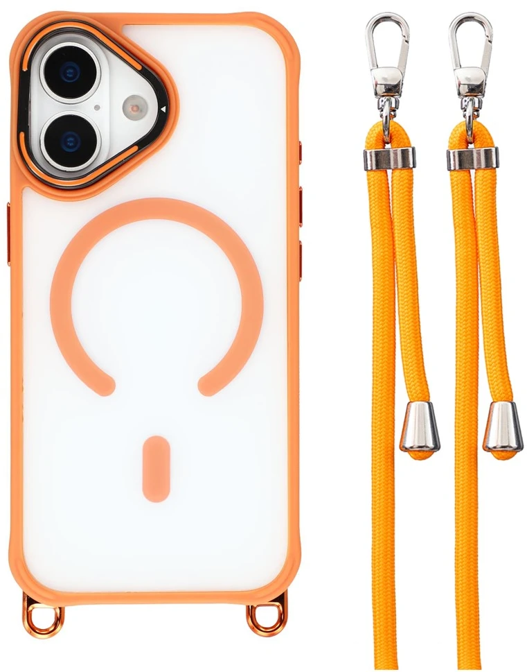 „Hurtel“ „iPhone 17“ dėklas su reguliuojamu dirželiu per petį ir „MagSafe“ suderinamu kameros rėmeliu kaip stovas – oranžinis