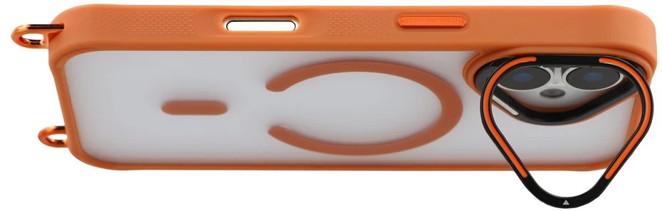 „Hurtel“ „iPhone 17“ dėklas su reguliuojamu dirželiu per petį ir „MagSafe“ suderinamu kameros rėmeliu kaip stovas – oranžinis