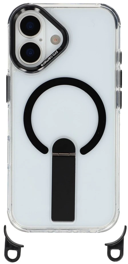 „Hurtel“ „iPhone 17“ dėklas su stovu, trumpu dirželiu (30 cm) ir ilgu dirželiu (120 cm), suderinamas su „MagSafe“ - juodas